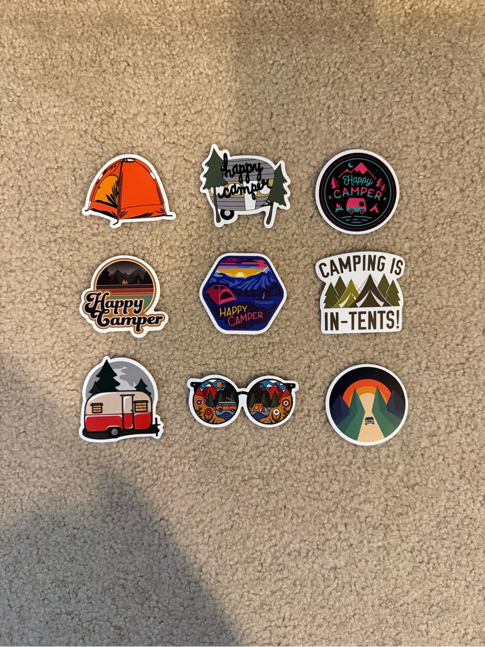 NWOT Happy Camper Assorted Camping Stickers - Orange, Red, Green, Blue